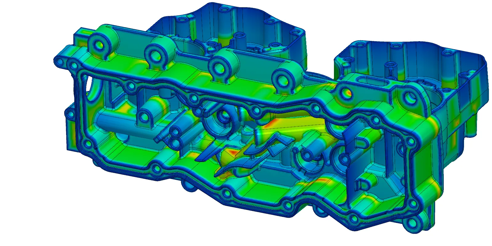 Wall thickness color map of the part: thin walls in blue, material accumulations in red